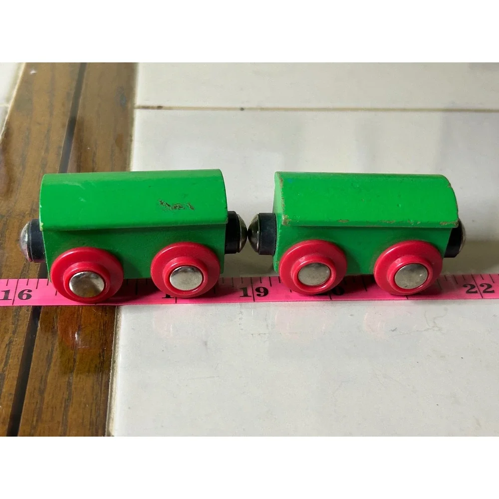 Green Wooden Toy Train Cars Magnetic 2 Piece Set Compatible with Brio Thomas